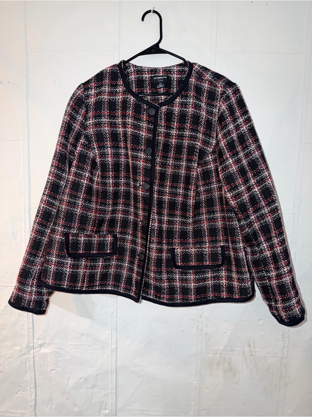 Liz Claiborne Black and Red Plaid Tweed Blazer